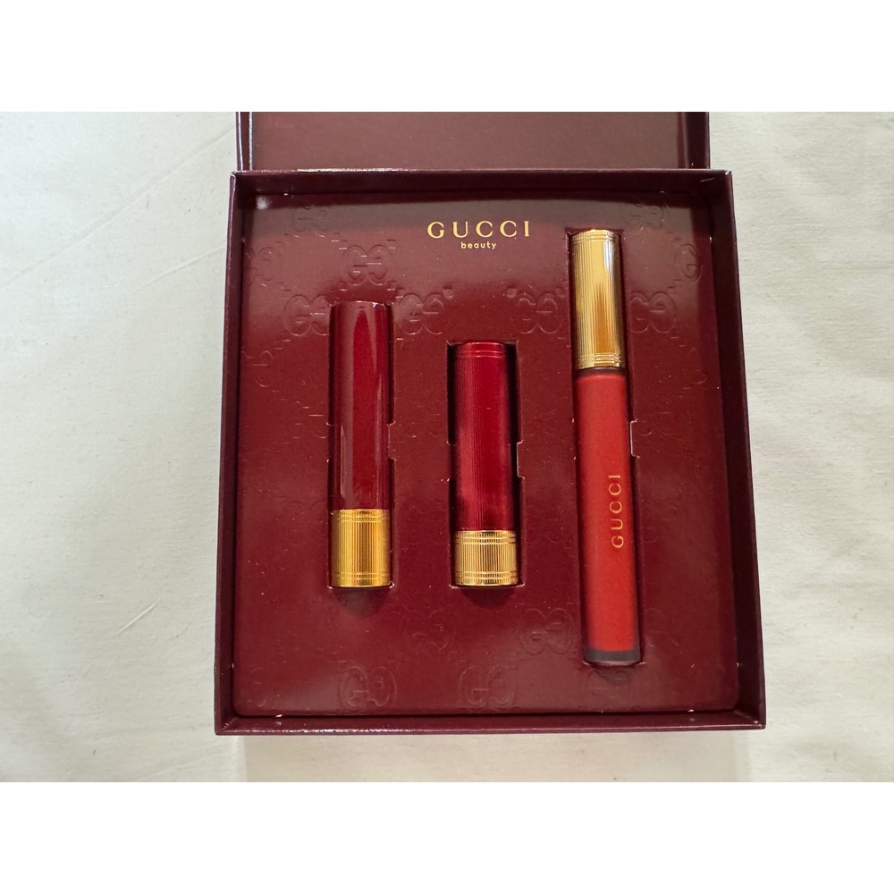 Gucci Beauty Rosso Ancora 509 Lip Set Matte Liquid & Glow Lipstick 3 Piece New - Picture 2 of 5